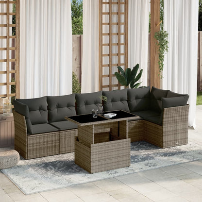 7-tlg. Garten-Sofagarnitur mit Kissen Grau Poly Rattan