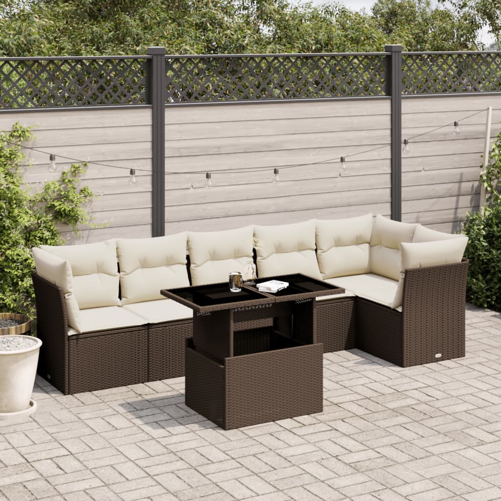 7-tlg. Garten-Sofagarnitur mit Kissen Braun Poly Rattan