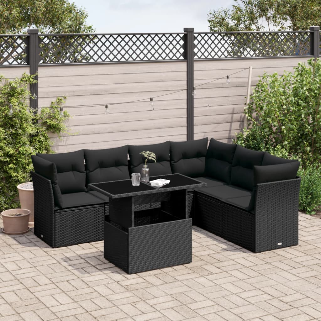 7-tlg. Garten-Sofagarnitur mit Kissen Schwarz Poly Rattan