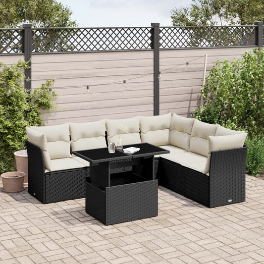 7-tlg. Garten-Sofagarnitur mit Kissen Schwarz Poly Rattan