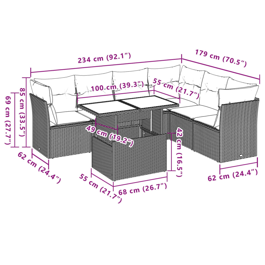 7-tlg. Garten-Sofagarnitur mit Kissen Beige Poly Rattan