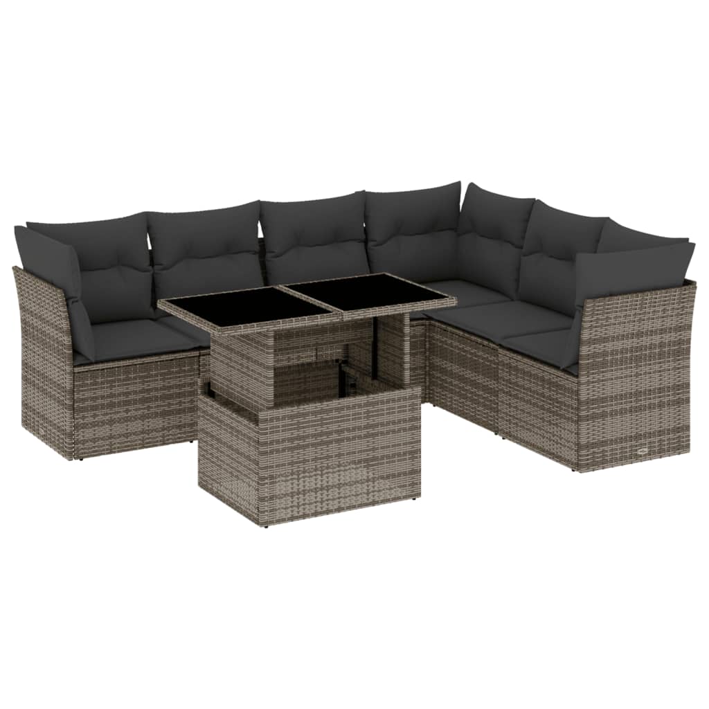 7-tlg. Garten-Sofagarnitur mit Kissen Grau Poly Rattan