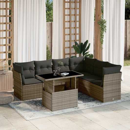 7-tlg. Garten-Sofagarnitur mit Kissen Grau Poly Rattan