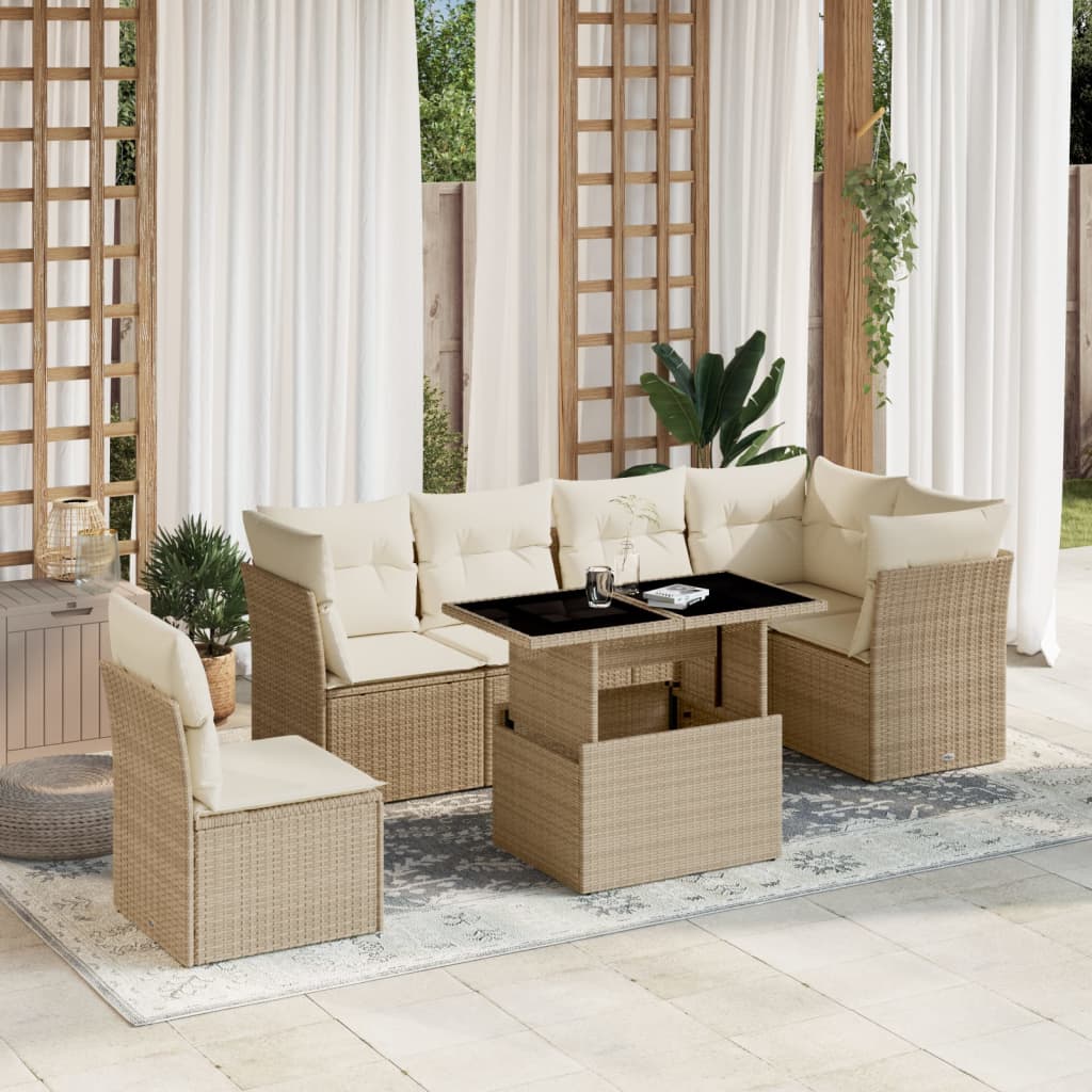 7-tlg. Garten-Sofagarnitur mit Kissen Beige Poly Rattan