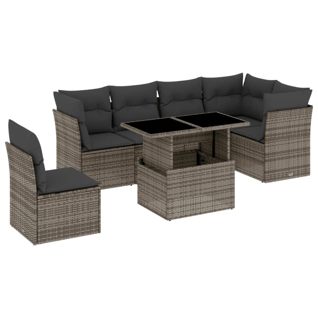 7-tlg. Garten-Sofagarnitur mit Kissen Grau Poly Rattan