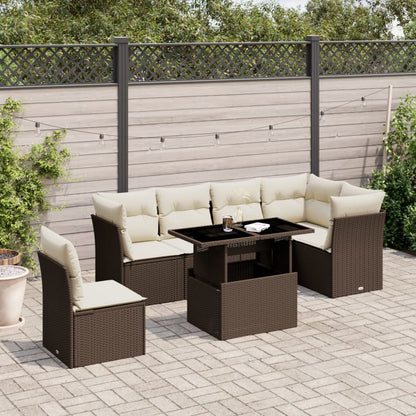 7-tlg. Garten-Sofagarnitur mit Kissen Braun Poly Rattan