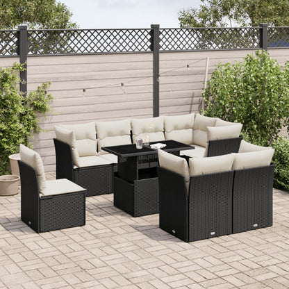 9-tlg. Garten-Sofagarnitur mit Kissen Schwarz Poly Rattan