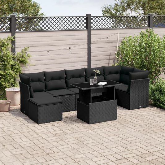 8-tlg. Garten-Sofagarnitur mit Kissen Schwarz Poly Rattan