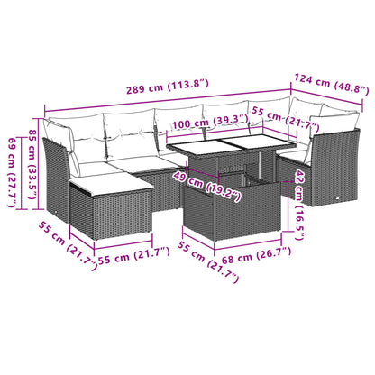 8-tlg. Garten-Sofagarnitur mit Kissen Braun Poly Rattan