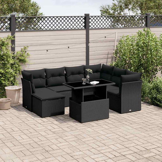 8-tlg. Garten-Sofagarnitur mit Kissen Schwarz Poly Rattan