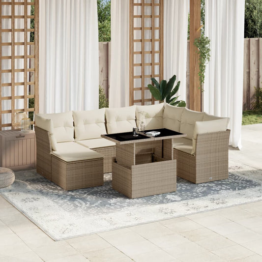 8-tlg. Garten-Sofagarnitur mit Kissen Beige Poly Rattan