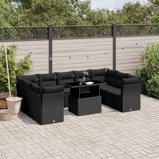 10-tlg. Garten-Sofagarnitur mit Kissen Schwarz Poly Rattan