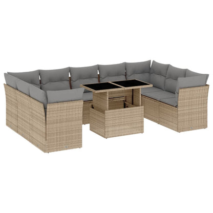 10-tlg. Garten-Sofagarnitur mit Kissen Beige Poly Rattan