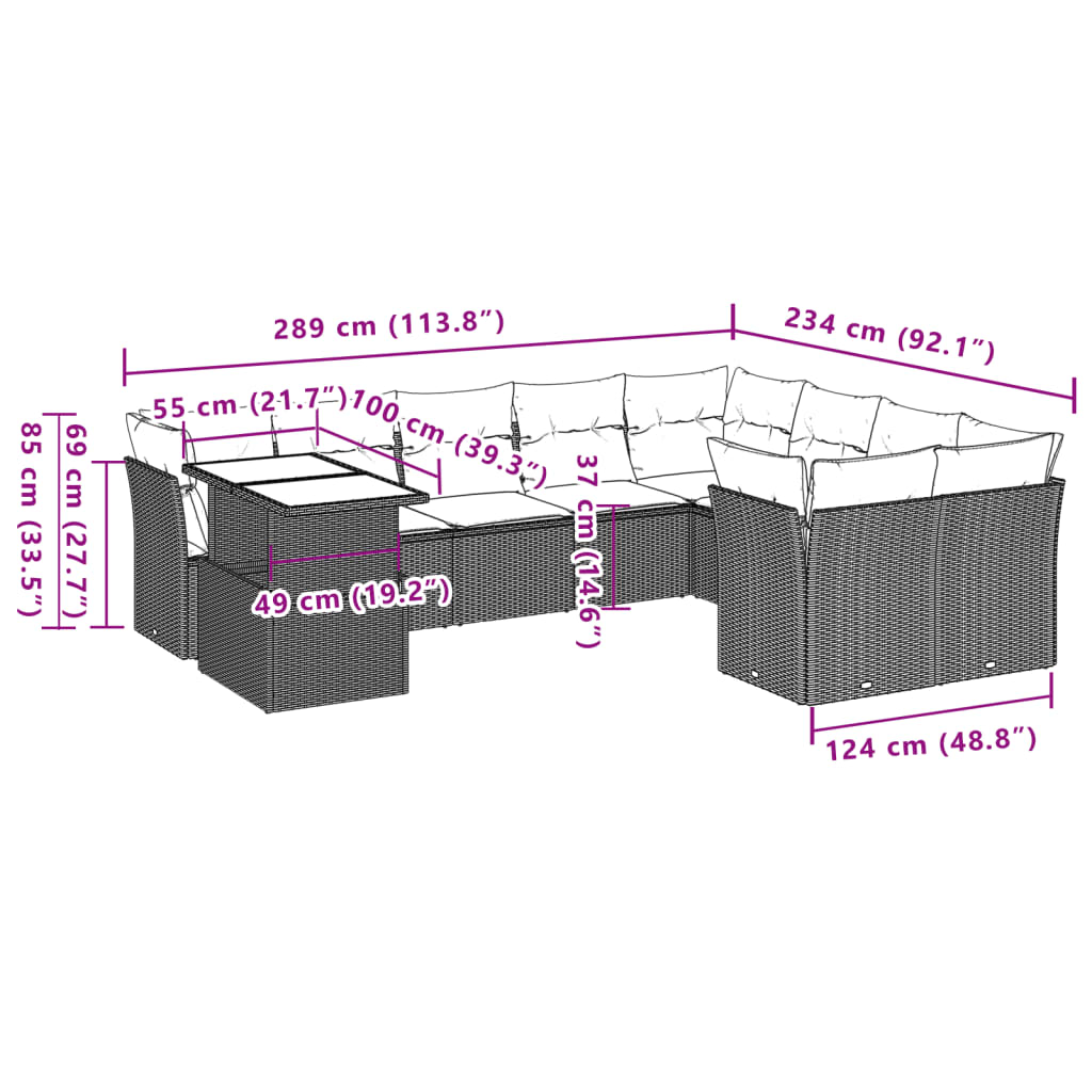 10-tlg. Garten-Sofagarnitur mit Kissen Schwarz Poly Rattan