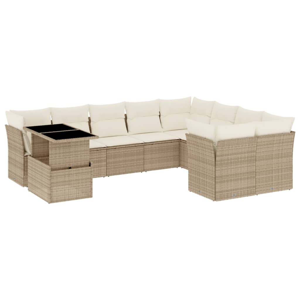 10-tlg. Garten-Sofagarnitur mit Kissen Beige Poly Rattan