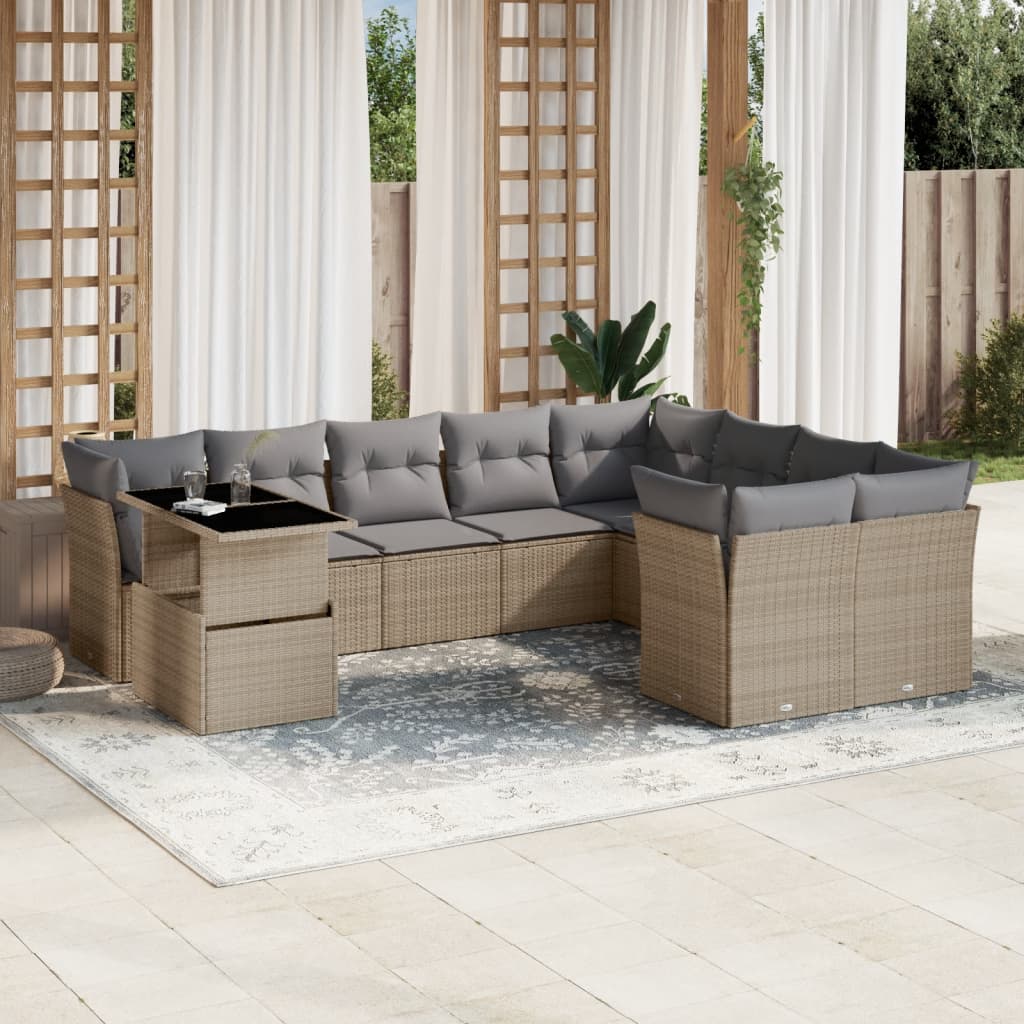 10-tlg. Garten-Sofagarnitur mit Kissen Beige Poly Rattan