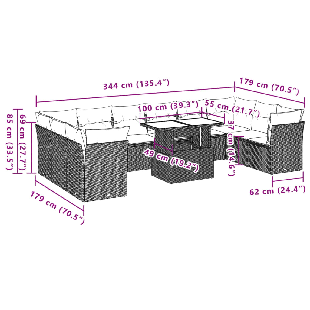 11-tlg. Garten-Sofagarnitur mit Kissen Grau Poly Rattan