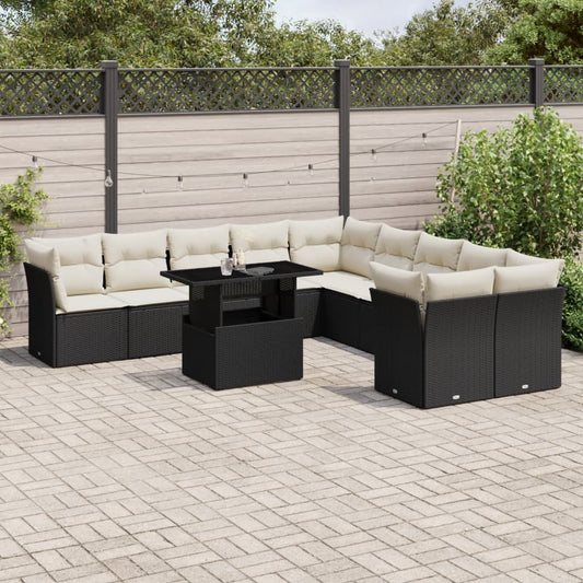 11-tlg. Garten-Sofagarnitur mit Kissen Schwarz Poly Rattan