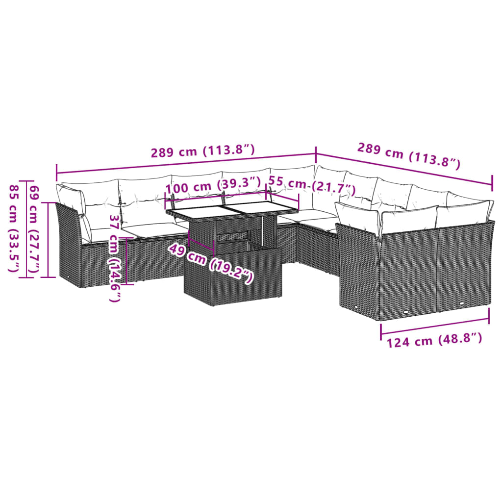 11-tlg. Garten-Sofagarnitur mit Kissen Grau Poly Rattan