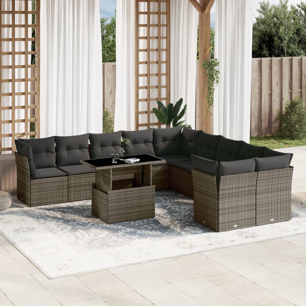 11-tlg. Garten-Sofagarnitur mit Kissen Grau Poly Rattan