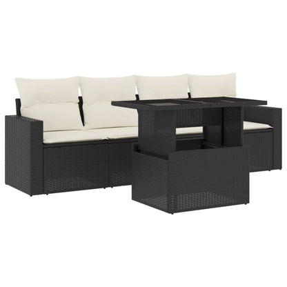 5-tlg. Garten-Sofagarnitur mit Kissen Schwarz Poly Rattan