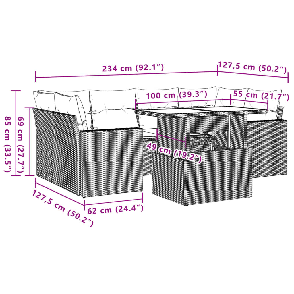 7-tlg. Garten-Sofagarnitur mit Kissen Schwarz Poly Rattan