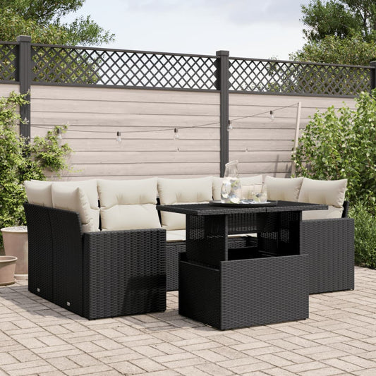 7-tlg. Garten-Sofagarnitur mit Kissen Schwarz Poly Rattan