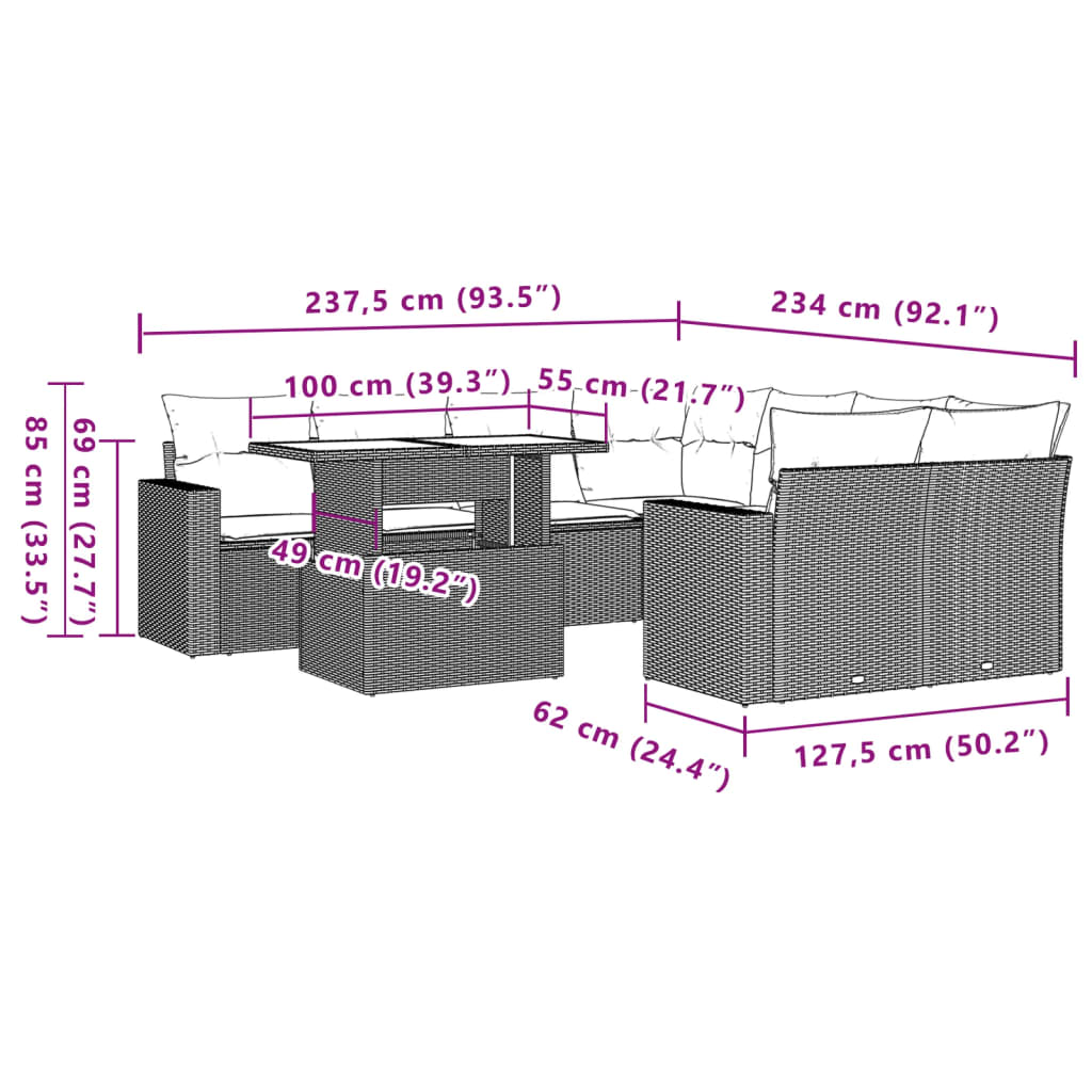 9-tlg. Garten-Sofagarnitur mit Kissen Schwarz Poly Rattan