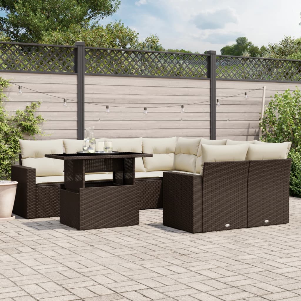 9-tlg. Garten-Sofagarnitur mit Kissen Braun Poly Rattan