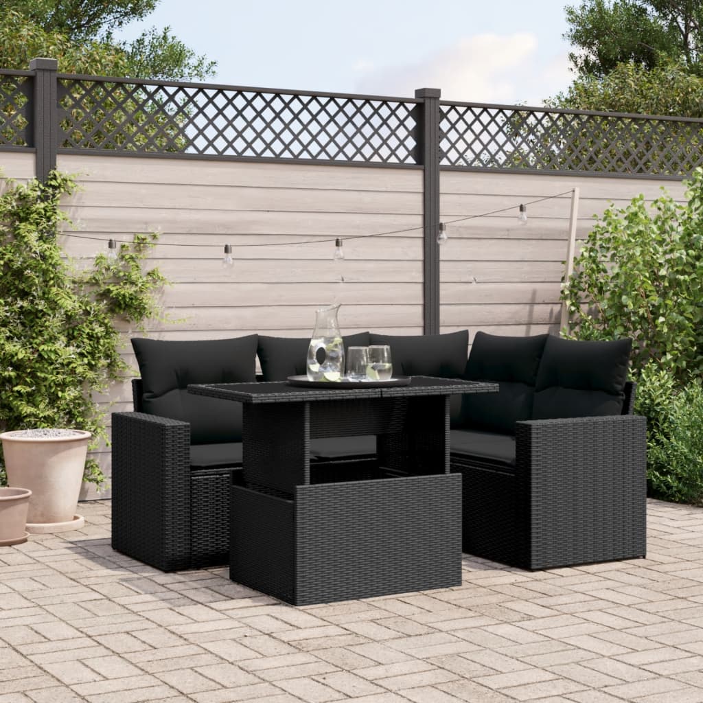 5-tlg. Garten-Sofagarnitur mit Kissen Schwarz Poly Rattan