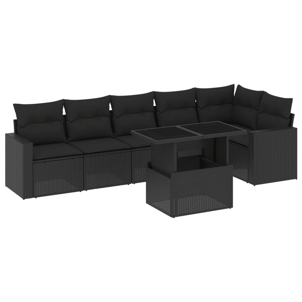 7-tlg. Garten-Sofagarnitur mit Kissen Schwarz Poly Rattan