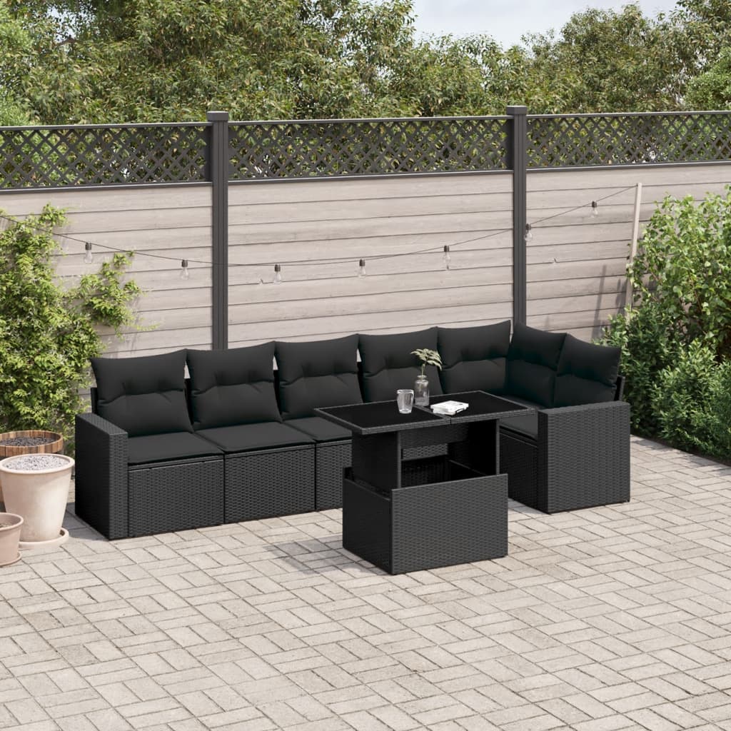 7-tlg. Garten-Sofagarnitur mit Kissen Schwarz Poly Rattan