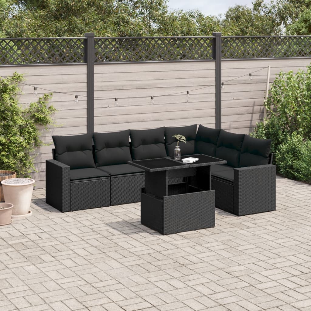 7-tlg. Garten-Sofagarnitur mit Kissen Schwarz Poly Rattan