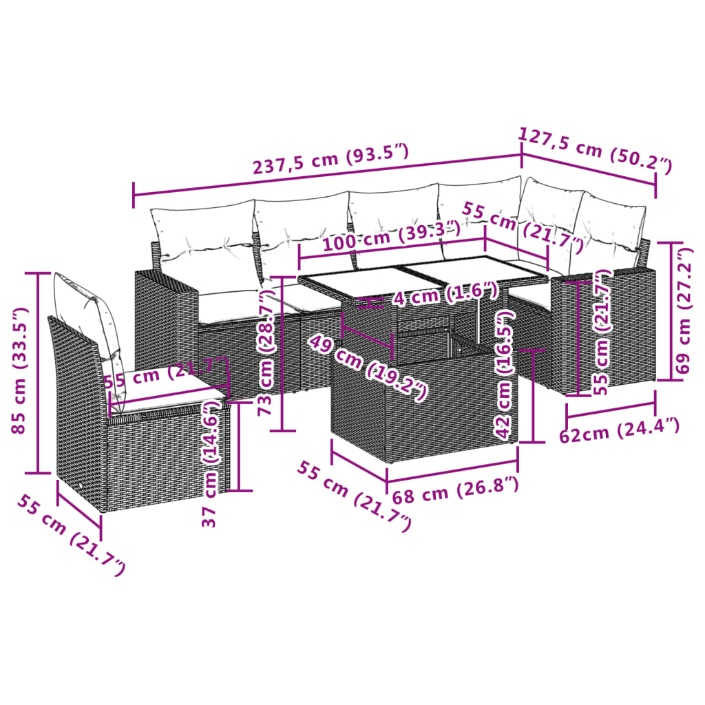 7-tlg. Garten-Sofagarnitur mit Kissen Schwarz Poly Rattan