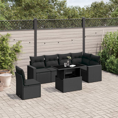 7-tlg. Garten-Sofagarnitur mit Kissen Schwarz Poly Rattan