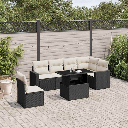 7-tlg. Garten-Sofagarnitur mit Kissen Schwarz Poly Rattan