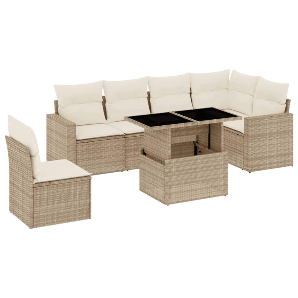 7-tlg. Garten-Sofagarnitur mit Kissen Beige Poly Rattan