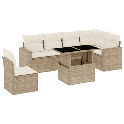 7-tlg. Garten-Sofagarnitur mit Kissen Beige Poly Rattan