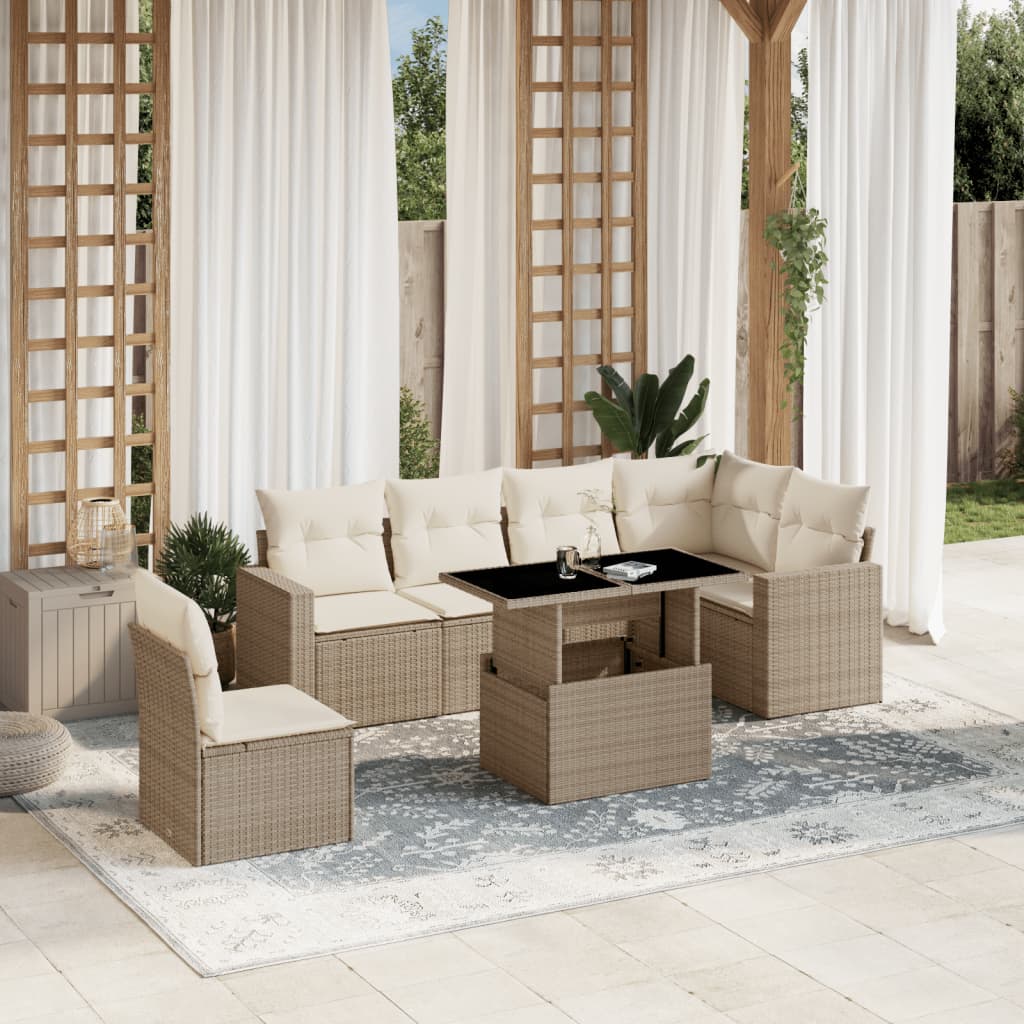 7-tlg. Garten-Sofagarnitur mit Kissen Beige Poly Rattan