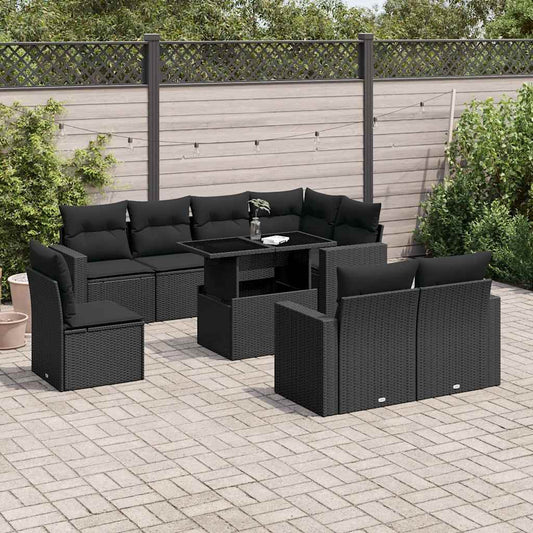 9-tlg. Garten-Sofagarnitur mit Kissen Schwarz Poly Rattan