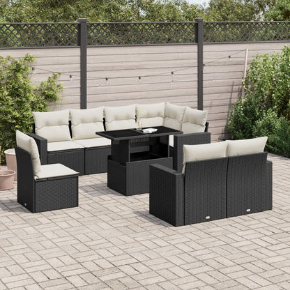 9-tlg. Garten-Sofagarnitur mit Kissen Schwarz Poly Rattan