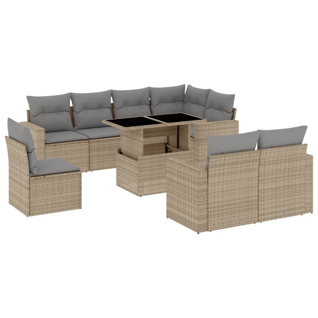 9-tlg. Garten-Sofagarnitur mit Kissen Beige Poly Rattan