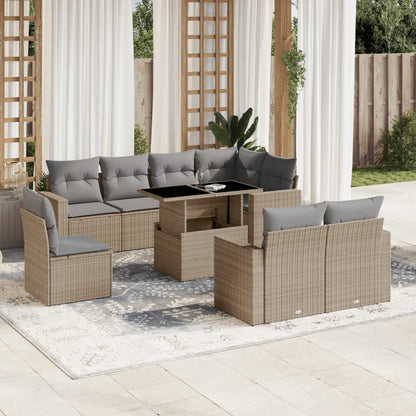 9-tlg. Garten-Sofagarnitur mit Kissen Beige Poly Rattan