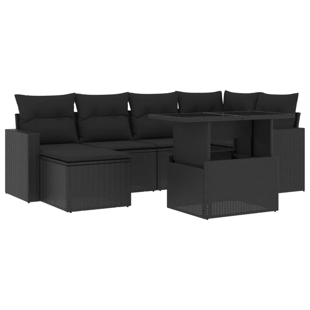 7-tlg. Garten-Sofagarnitur mit Kissen Schwarz Poly Rattan