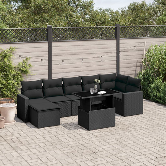 8-tlg. Garten-Sofagarnitur mit Kissen Schwarz Poly Rattan