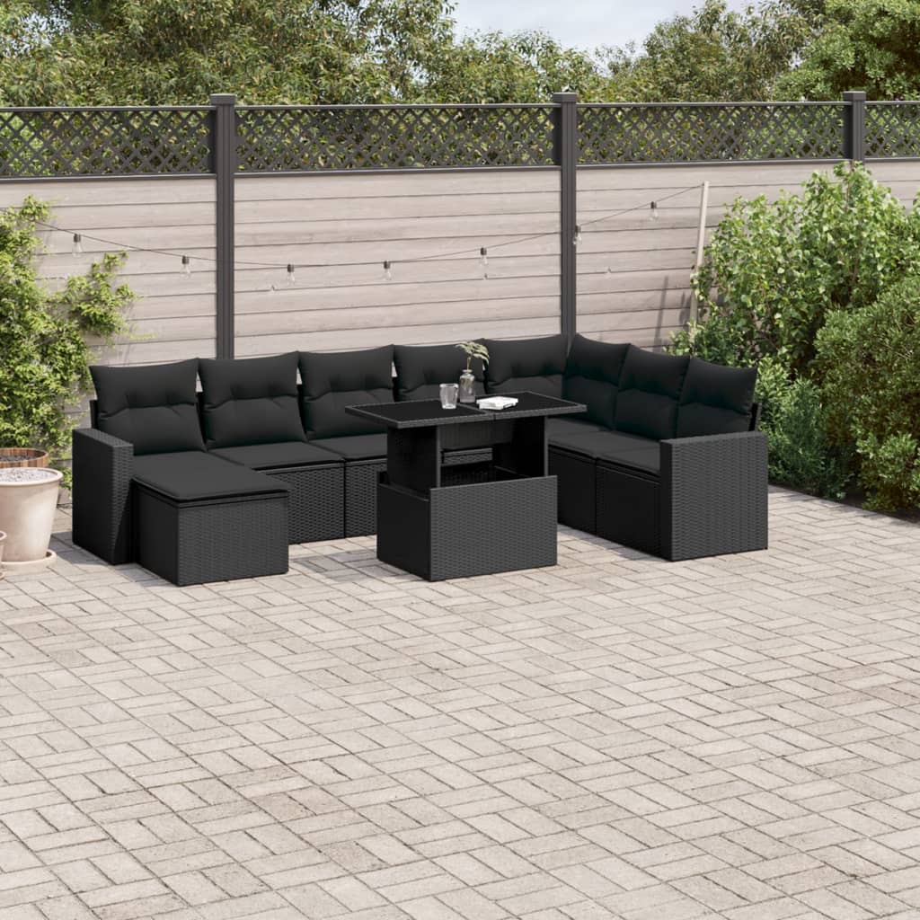 9-tlg. Garten-Sofagarnitur mit Kissen Schwarz Poly Rattan