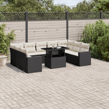 10-tlg. Garten-Sofagarnitur mit Kissen Schwarz Poly Rattan