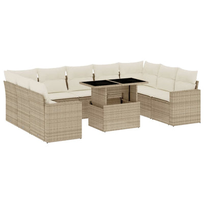 10-tlg. Garten-Sofagarnitur mit Kissen Beige Poly Rattan