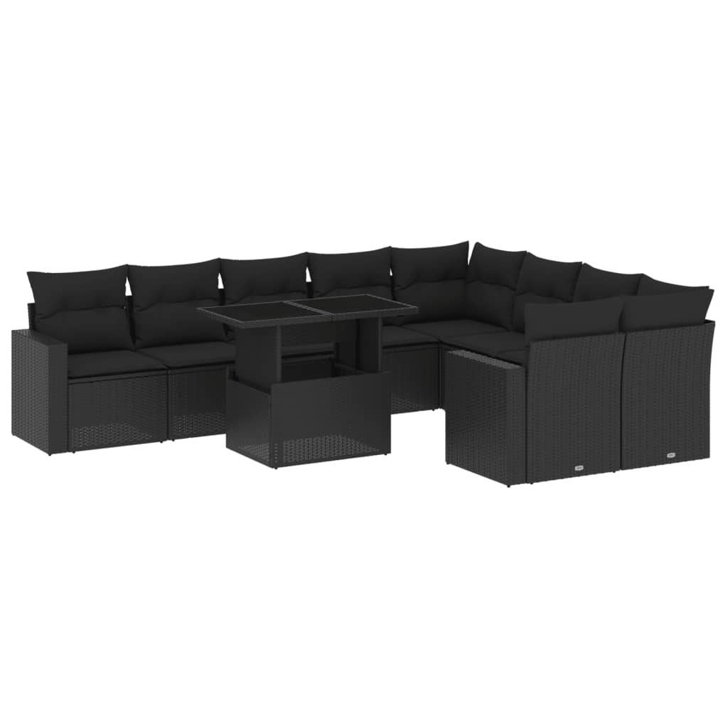 10-tlg. Garten-Sofagarnitur mit Kissen Schwarz Poly Rattan