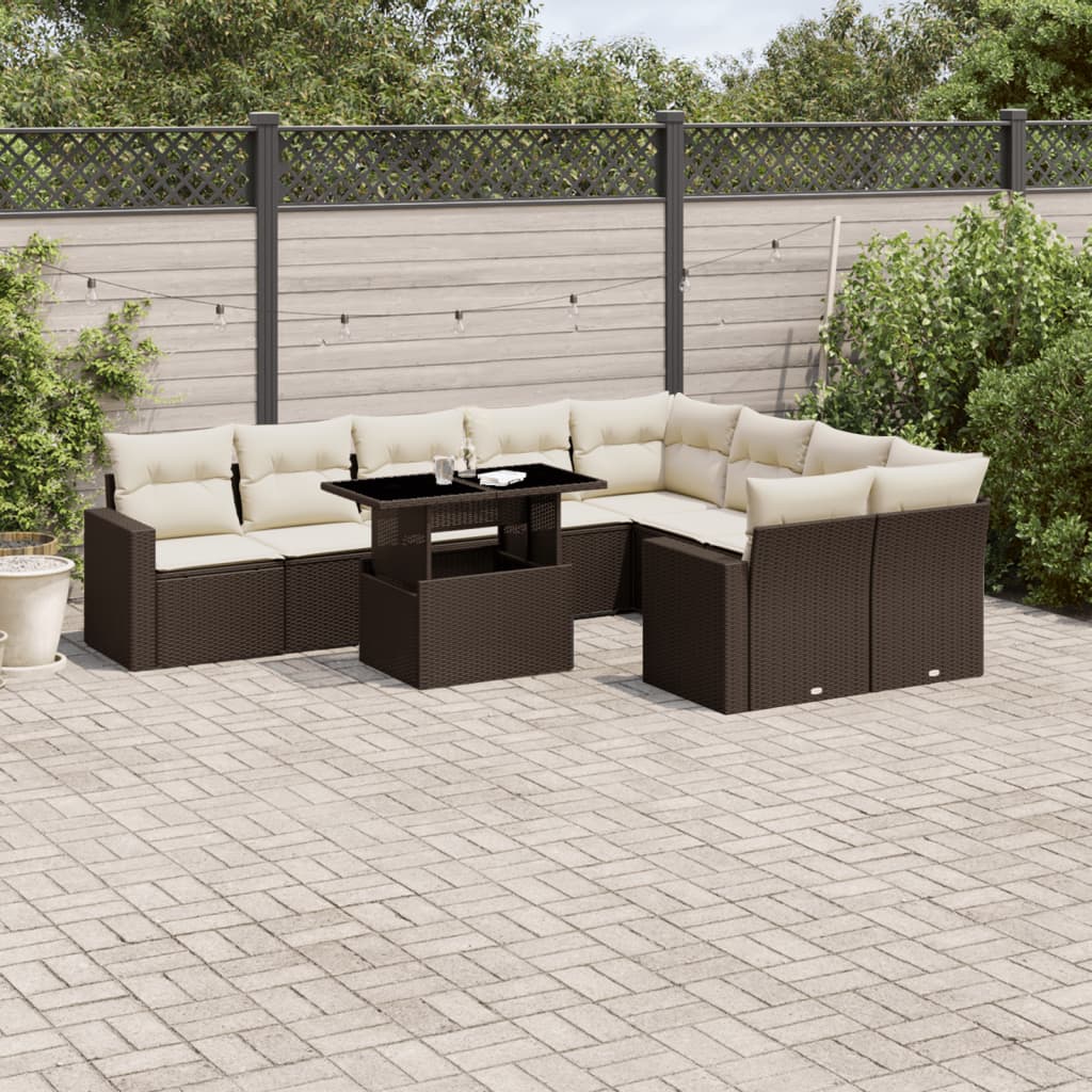 10-tlg. Garten-Sofagarnitur mit Kissen Braun Poly Rattan